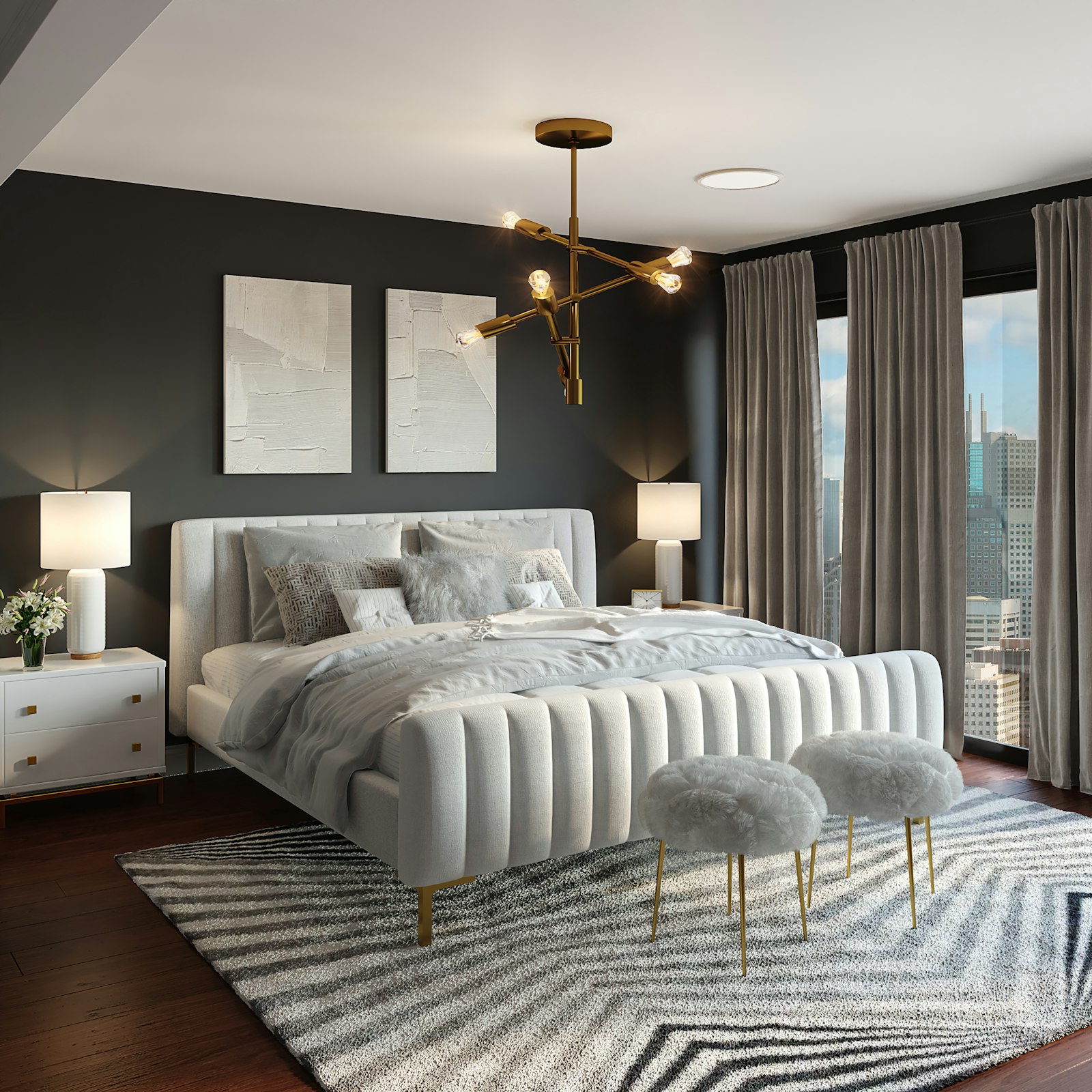 Dormitorio principal premium con muros gris oscuro y lámpara dorada