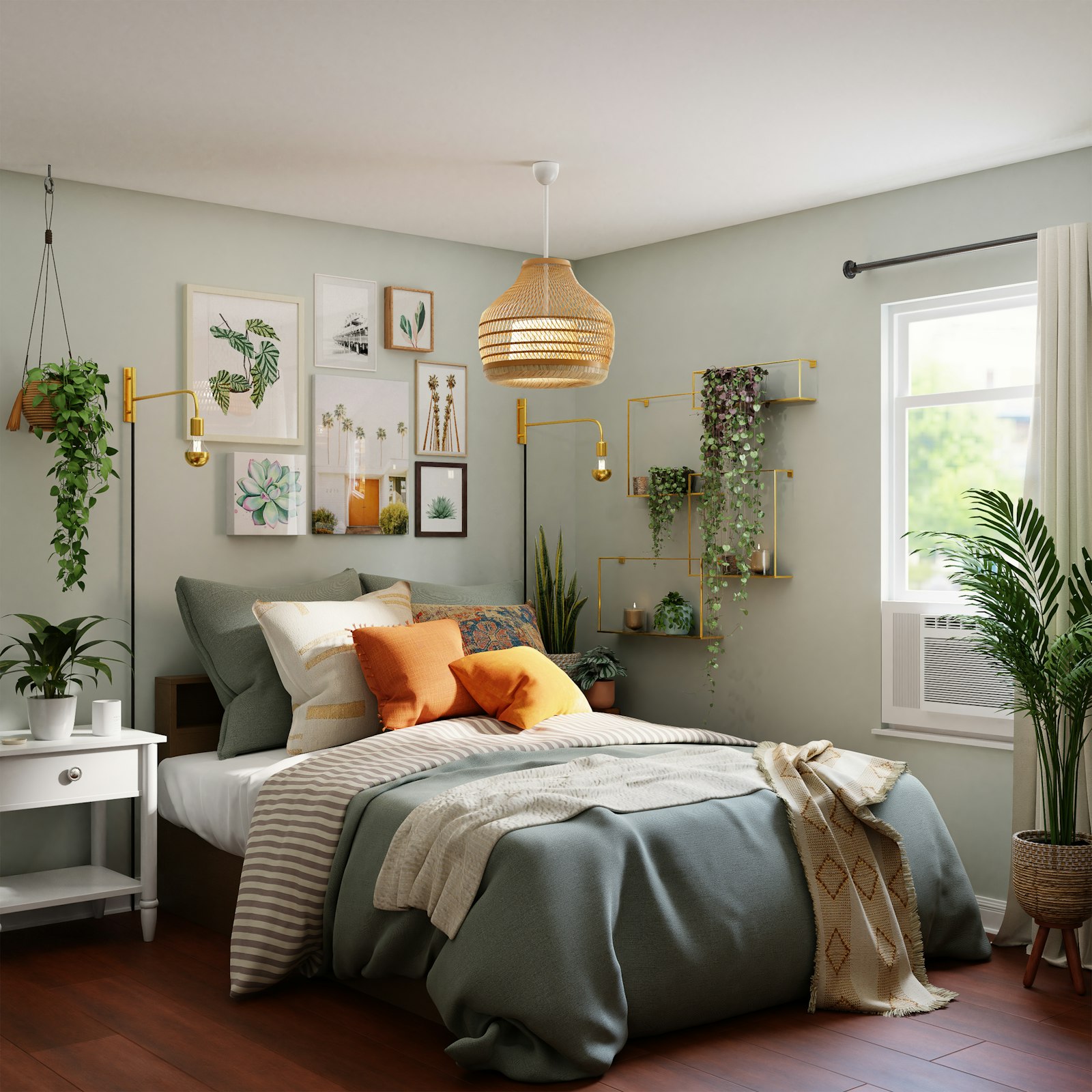 Dormitorio en verde sage con cabecera y galería de cuadros