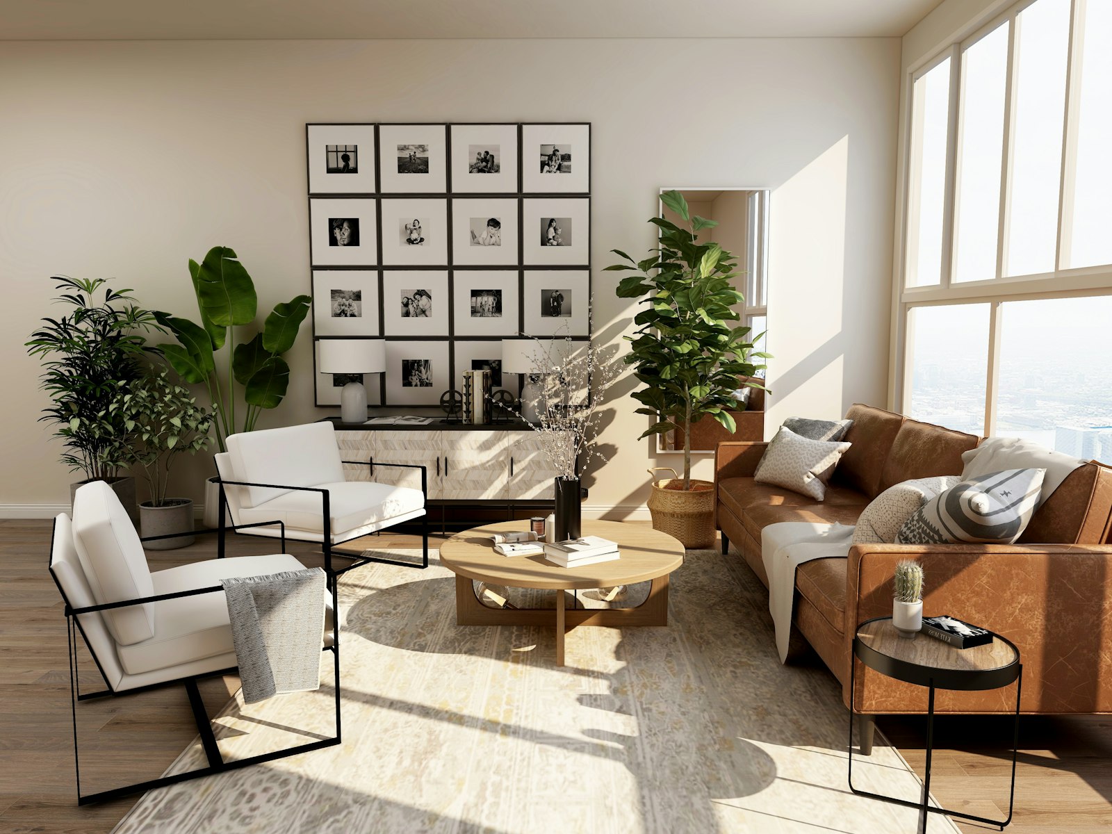 Living premium con sofá camel y galería de cuadros recién pintado