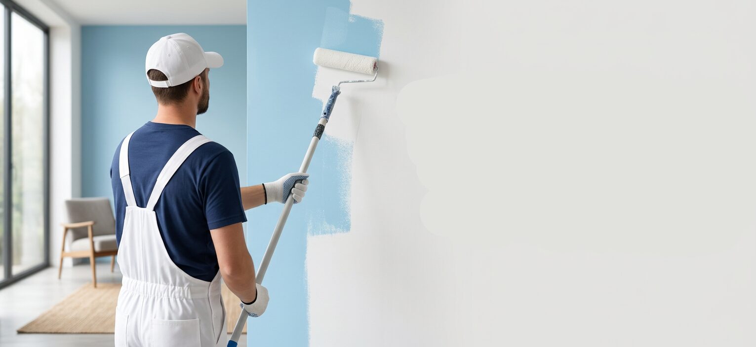 Pintor profesional con rodillo aplicando pintura azul a muro interior